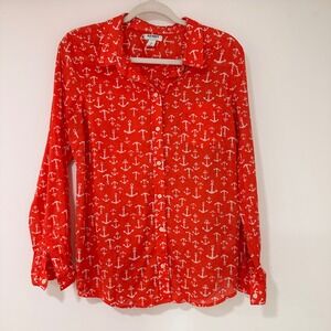 Old Navy Anchor Button Down Shirt Womens Large Red Nautical Coastal Mermaid